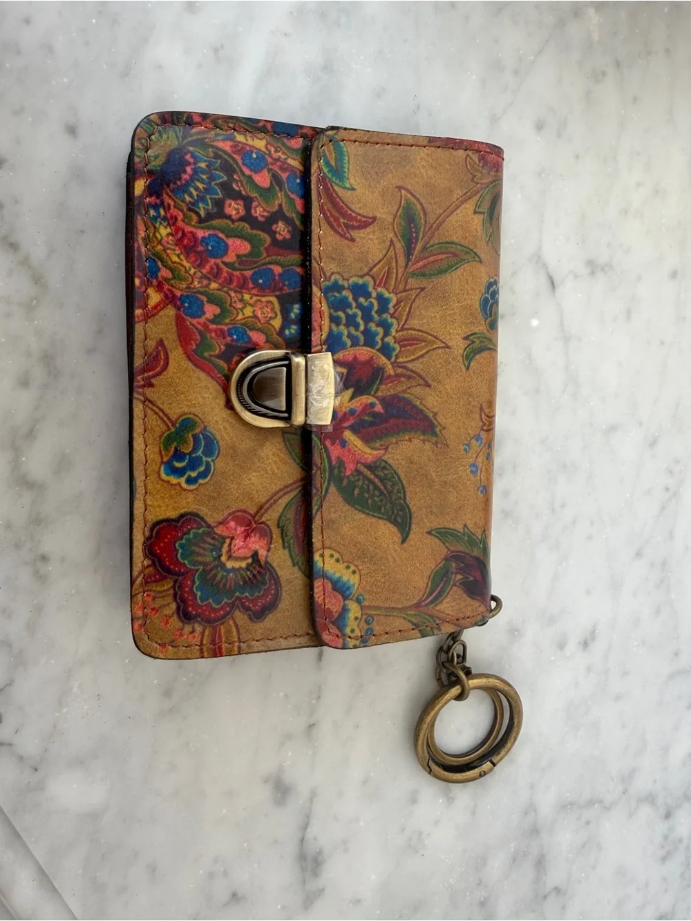 Patricia Nash Vintage Paisley Floral Full-Grain Leather Card Holder with Keyring